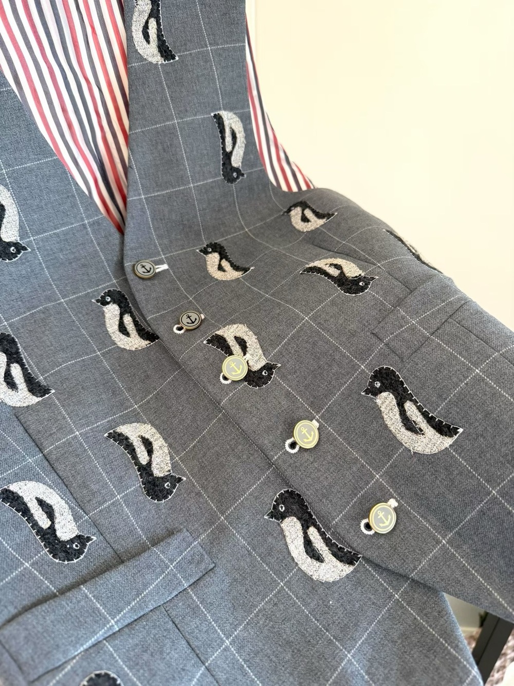 Thom Browne Gray Windowpane Penguin Motif Button Vest - Picture 2 of 6